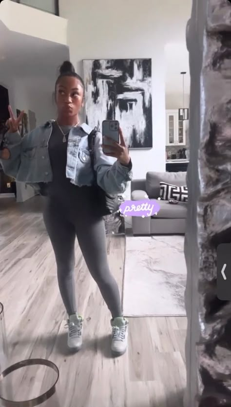 Grey Jumpsuit Outfit Baddie, Grey Bodysuit Outfit Black Women, Cool Grey 4s Outfit, Jean Jacket Outfits Black Women, Back To School Outfits Black Women, Gray Jumpsuit Outfit, Grey Jacket Outfit, Blue Jean Jacket Outfits, Jumpsuit Outfit Black