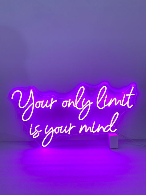 Introducing our Handcrafted LED Neon Sign - your only limit is your mind Neon Light! This neon sign decor is perfect for adding a vibrant touch to your bedroom, children's room, studio, or office desk. Let's explore some key features and information about this product: 🌈 Materials and Info: ● Acrylic board color: Clear ● Acrylic board shape: Cut to shape ● Power supply: Suitable plug + adapter for your country ● Installation options: Mounting screws (default), Hanging wires, 2M strips, Stand ● Work Neon Sign, Neon Sentences, Gym Led Lighting, Cool Neon Signs Quotes, This Is Your Sign, Led Quotes, Neon Signs Room, Neon Sign Quotes, Neon Installation