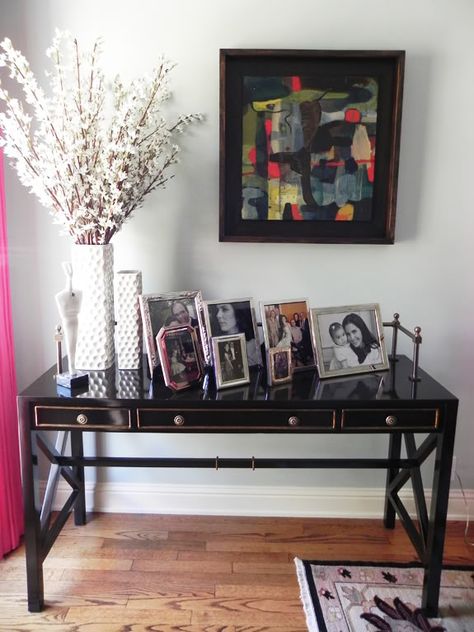 Photos on Table Photos On Table Display, Console Table With Family Photos, Arranging Photos On A Table, Console Table Photo Frames, Photo Display Table Living Rooms, Photo Display On Table, Table With Photo Frames, Photo Table Display Home, Photo Frames On Console Table