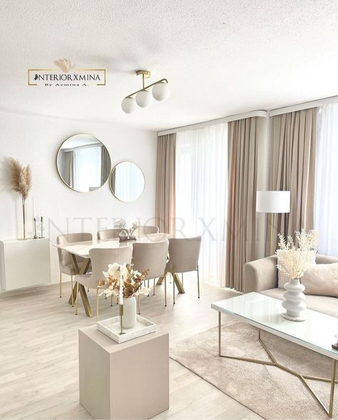 Cream And Beige Dining Room, White Gold Wood Living Room, Dining Room Design Luxury, Stylish Room Decor, Classy Living Room, Elegant Living Room Design, Minimalist Dining Room, Dinning Room Design, Beige Living Rooms