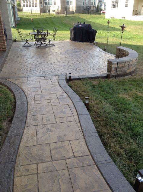 Stamped Concrete Patio With Grill, Cement Pad Ideas Patio, Backyard Patio Designs Cement, Simple Concrete Patio, Stamped Concrete Sidewalk, Stamped Concrete Overlay, Walkway Diy, Concrete Pavers Walkway, Pavers Walkway