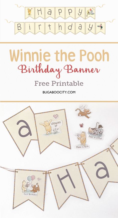 Winnie-the-Pooh-Birthday-Banner-Free-Printable-BugabooCity Winnie The Pooh Birthday Banner, Pooh Winnie, Diy Birthday Banner, Winnie The Pooh Themes, Pooh Birthday, Free Printable Banner, Winnie The Pooh Birthday, Party Themes For Boys, Cute Winnie The Pooh