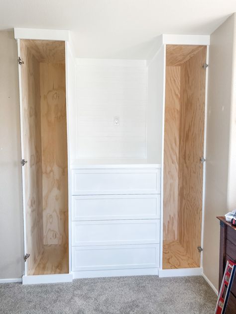 Custom built in wardrobe/dresser Closet Turned Wardrobe, Diy Wardrobe Closet From Bookshelf, Tall Dresser In Closet, Diy Wardrobe Built In, Diy Built In Dresser In Closet, Diy Built In Dresser In Bedroom, Bedroom Cabinet Ideas Built Ins, Closet Built In Dresser, Built In Dresser In Closet