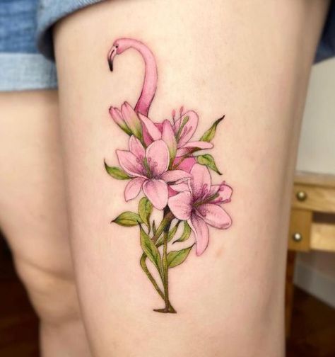 Pineapple With Flowers Tattoo, Flamingo Memorial Tattoo, Pink Lilly Tattoo, Pink Flamingo Tattoo, Anniversary Tattoos, Flamingo Tattoos, Flamingo Things, Wings Tattoo Meaning, Watermelon Tattoo