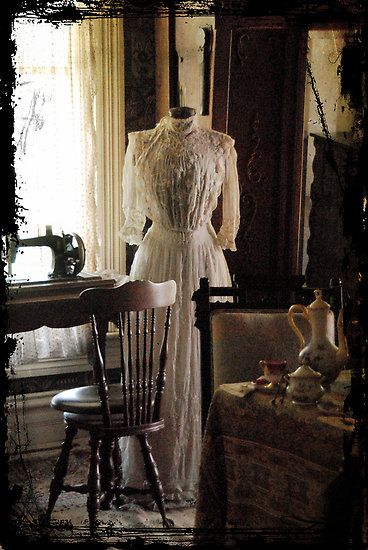 Sewing room w/ mannequin Dark Sewing Room, Rustic Sewing Room, Sewing Room Vintage, Victorian Seamstress Aesthetic, Vintage Sewing Room Decor, Victorian Sewing Room, Dressmaker Aesthetic, Seamstress Room, Antique Sewing Room