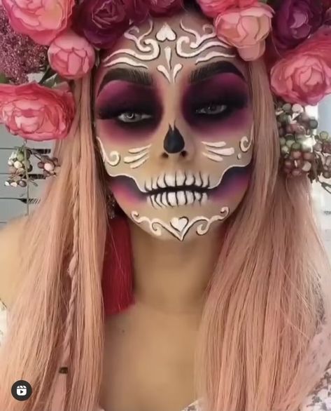 Pink Dia De Los Muertos Makeup Ideas, Half Face Sugar Skull Makeup, Purple Day Of The Dead Makeup, Pink Day Of The Dead Makeup, White Catrina Makeup, Skull Makeup With Gems, Pink Sugar Skull Makeup, Pink Catrina Makeup, Sugar Skull Costume Outfit Diy