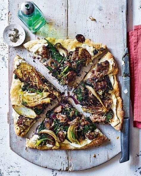 Sausage, fennel and chilli griddle-pan pizza recipe | delicious. magazine Sticky Sausages, Roasted Shallots, Sausage Bread, Fennel Recipes, Griddle Recipes, Delicious Magazine, Gnocchi Recipes, Flatbread Pizza, Pan Pizza