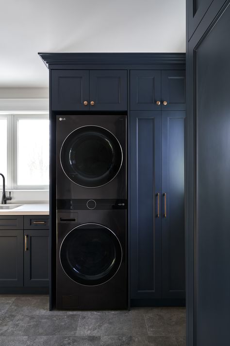 Grey And Black Laundry Room, Black And Blue Laundry Room, Dark Navy Laundry Room, Blue Floor Laundry Room, Dark Ceiling Laundry Room, Sleek Laundry Room, Dark Blue Cabinets Laundry Room, Laundry Room Black Washer And Dryer, Masculine Laundry Room