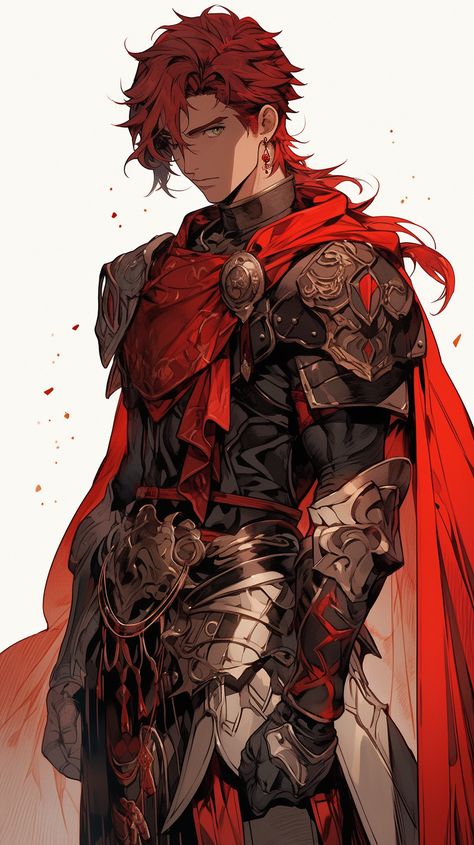 Scalemail Armor Dnd, Red Knight Fantasy Art, Dragon Anime Guy, Anime Knight Guy, Male Warrior Fantasy Art, Red Hair Anime Guy, Fire Warrior, Anime Red Hair, Red Hair Men