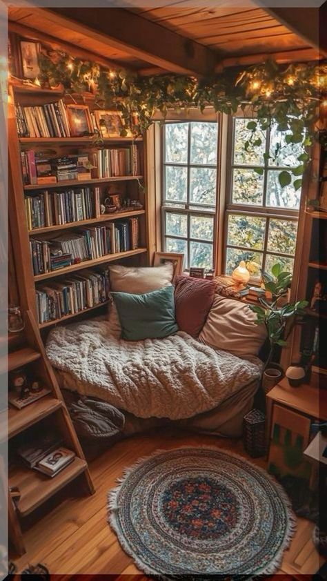 Book Nooks Aesthetic, Studio Apartment Library, Book Nook Bed, Cozy Reading Bedroom, Book Lover Bedroom Aesthetic, Bedroom With Lots Of Books, Cute Library Room, Reading Corner Ideas Bedroom, Library In Apartment