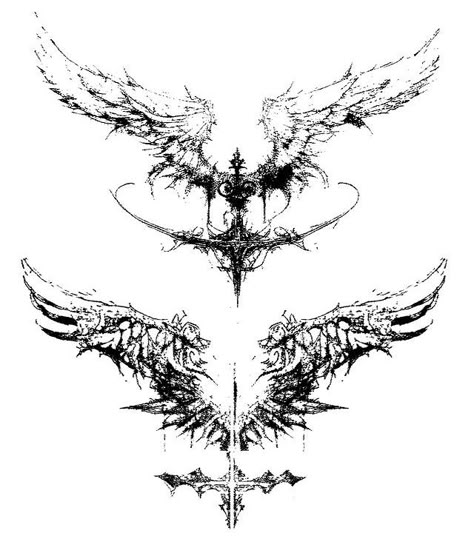 Thread Ideas Twitter, Wings Cybersigilism, Horizontal Tattoo Ideas For Men, Cybersigilism Wings Tattoo, Angel Cybersigilism, Aggrogoth Tattoo Design, Chicken Scratch Tattoo, Gothic Medieval Tattoo, Neotribal Wings