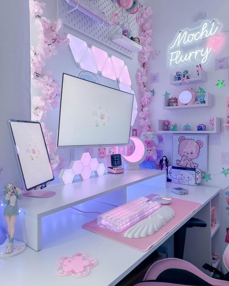 Pretty Gaming Room, Cute Pc Desk Setup, Sakura Pc Setup, Pink And Purple Desk Setup, Pc Setup L Desk, Female Gamer Setup, Girly Computer Desk Setup, Lilac Gaming Setup, Pink And Purple Room Ideas