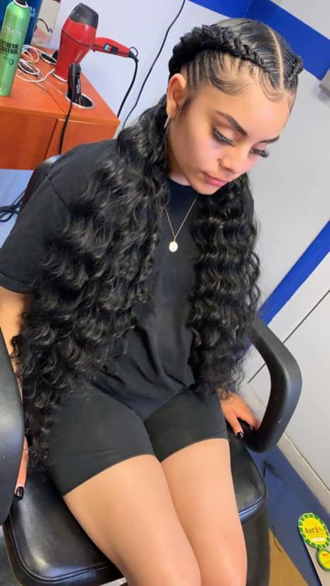 Braid For Vacation, Pull Back Braid Hairstyles, Graduation Hairstyles Braids Black, Outfits With Braided Ponytail, Two Braids Into Curly Ponytail, 2 Braids With Added Hair, Braids With Curly Extensions, Two Cornrows With Curls, One Ponytail Braid Hairstyles Black