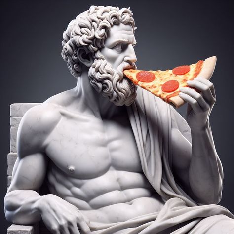 a marble sculpture of a platon eating a piece of pizza, mannerism, marketing photo, pompeian, pizza, digital painting Ironic Art, Funny Statues, Pizza Branding, Piece Of Pizza, Digital Advertising Design, Graphic Shirt Design, Graphic Design Books, Pizza Funny, Social Media Advertising Design