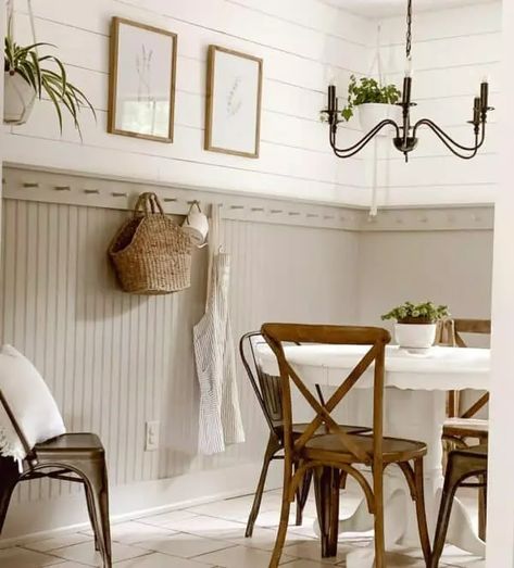 Beadboard Dining Room, Beadboard Accent Wall, Wallpaper And Beadboard, White Shiplap Walls, Beadboard Ideas, Beadboard Wall, Beadboard Kitchen, Black Wainscoting, White Beadboard