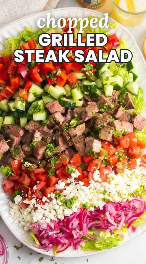 Easy Grilled Chopped Flank Steak Salad is a delicious, satisfying, meal with tender marinated steak, fresh veggies, and homemade dressing. Steak Salads For Lunch, Steak Salad Ideas Dinner, Salad Recipes With Steak, Salad Recipes Steak, Flank Steak Dinner Recipes, Salads With Steak, Salad For Steak, Steak Salad Recipes For Dinner, Healthy Steak Salad