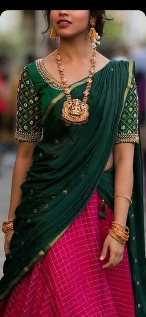 Pink Green Half Saree, Dark Green Half Saree, Dark Green Lehenga Combination, Green And Pink Half Saree, Green Half Saree, Dark Green Lehenga, Pink Half Sarees, Lehenga Designs Latest, Silk Half Saree