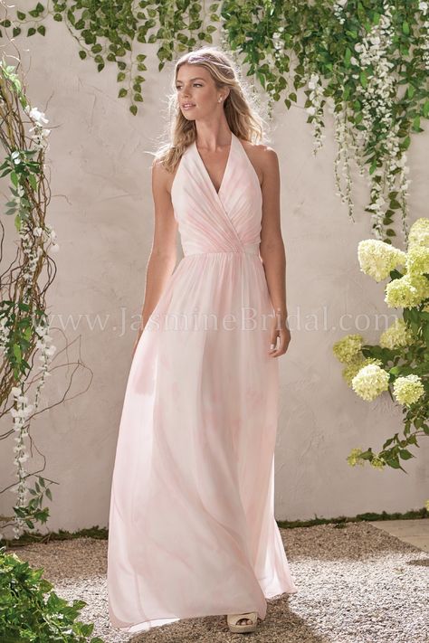 B193014 Long V-neck Halter Sunset Print Bridesmaid Dress Bridesmaid Dresses Summer, Jasmine Bridesmaids Dresses, Brides Maid Gown, Printed Bridesmaid Dresses, Ivory Bride, Navy Cocktail Dress, Outdoor Dress, Jasmine Bridal, Halter Bridesmaid Dress