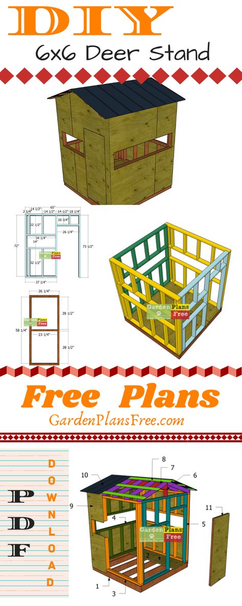 Easy to follow step by step diagrams for you to build a 6x6 deer blind with a gable roof. The deer stand featureas window openings on all sides and a door for easy access. The roof is made out of metal sheets. PDF download and Print friendly. Full Cut and Shopping lists. #deerblind #deerstand #shootinghouse Elevated Deer Blind Plans, Diy Hunting Stand, Diy Deer Stand Ideas, Deer Blinds Diy, Box Blind Deer Stands Diy, Deer Box Stand Ideas, Box Stands Hunting, 4x8 Deer Blind Plans, Deer Stand Windows Ideas