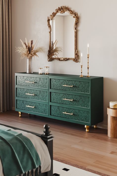 Say hello to the stylish and clutter-free life you deserve with this Mid-Century Rustic Bas Relief Carving Dresser. Effortlessly chic, it features an exotic animal legs design and a soothing emerald green color to complete your minimalist sanctuary. You won't believe how much it can transform your home. Follow us for more inspiring ideas! Emerald Green Dresser Bedroom, Emerald Green Furniture Bedroom, Grey Dresser Bedroom Ideas, Bedroom With Green Dresser, Dresser Legs Ideas, Comode Design Ideas, Colored Dressers Bedroom, Gold Furniture Bedroom, Dresser Decor Bedroom Aesthetic