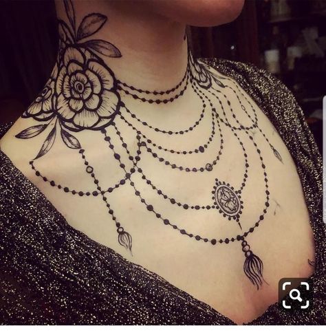 Henna Neck, Henna Chest, Chest Neck Tattoo, Chandelier Tattoo, Necklace Tattoo, Neck Tattoos Women, Henna Body Art, Chest Tattoos For Women, Chest Piece Tattoos