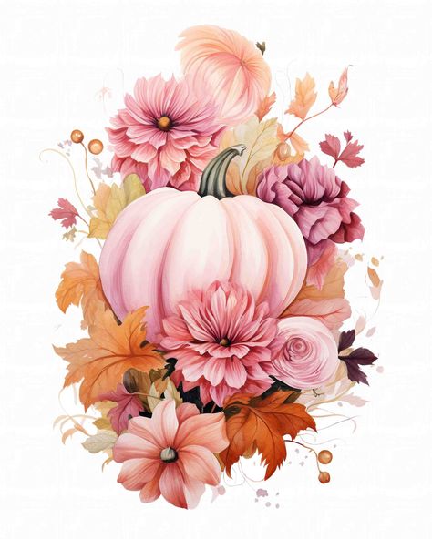 Autumn Digital Art, Fall Pink, Pumpkin Arrangements, Floral Pumpkin, White Pumpkins, Digital Art Print, Instant Download Printable, Digital Art Prints, Brunei