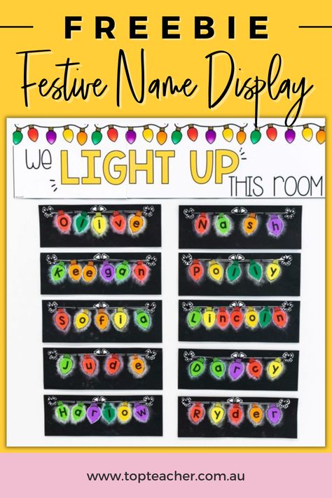 Christmas Light Bulb Name Craft, Name Display For Classroom, Christmas Tree Ideas For Classroom, Christmas Lights Name Preschool, Christmas Light Fingerprint Craft, Class Christmas Activities, Christmas Lights Classroom Door, Christmas Lights Activities For Kids, Christmas Lights Preschool Craft