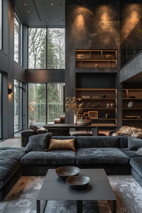 Contemporary Black and Dark Grey Design Dark Scandinavian Interior Living Room, Black Flooring Living Room, Dark Aesthetic Living Room Ideas, Grey And Black Living Room, Dark Modern Living Room, Chic Modern Living Room, Living Room Colourful, Grey Couch Living Room Ideas, Charcoal Living Rooms