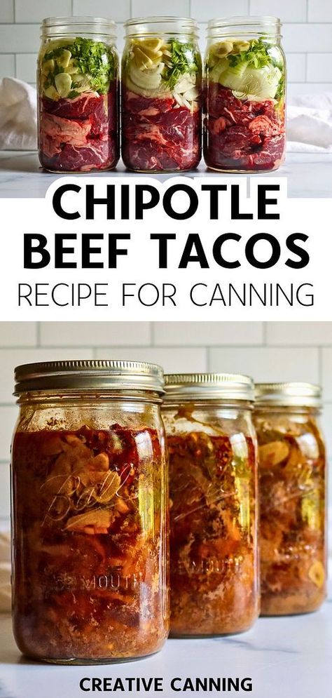 Discover chipotle beef tacos recipe for canning with this easy pressure canning method. This versatile beef taco meat, packed with spices and chipotle peppers, is a quick heat-and-serve meal straight from your pantry. Find more Mexican canning recipes, easy canning recipes, best Mexican food recipes, and Canning Hot Peppers at creativecanning.com. Brushetta Recipes Canning, Canned Taco Meat, Low Carb Canning Recipes, Canning Dinner Recipes, Healthy Canning Recipes, Canned Beef Stew Recipes, Canning Soup Recipes Pressure, Canning Brisket, Canning Meat Recipes