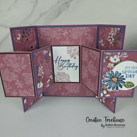 Double Accordion Gatefold Card - Creative Treehouse Accordion Cards, Fancy Fold Card Tutorials, Gatefold Cards, Birthday Card Craft, Diwali Diy, Love Stamps, Fancy Fold Cards, Card Tutorial, Fancy Folds