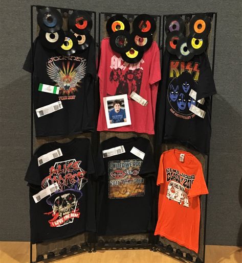 Concert Merch Display, Rock Concert Tickets, House Centerpieces, Open House Display, Birthday Merch, Band Merch Ideas, Merch Display, Graduation Open House, Music Display