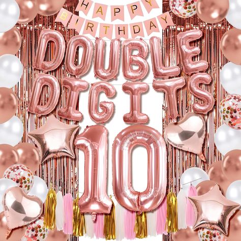 PRICES MAY VARY. Celebrate a milestone with our vibrant 'Double Digits 10' balloons – perfect for adding a splash of color and excitement to any 10th birthday party! Make their 10th birthday extra special with our eye-catching 10 birthday decorations for girls, featuring bold double digits birthday girl decorations lettering that stands out in any party setting. Create unforgettable memories with our 'Double Digits 10' balloons, ideal for decorating party spaces or surprising the birthday boy or 10 Year Birthday Party Ideas For Girl, 10 Birthday Photo Shoot Ideas, 10 Birthday Decorations, Double Digits Birthday, Peace Out Single Digits, 10th Birthday Girl, Rose Gold Number Balloons, Rose Gold Letter Balloons, Birthday 10