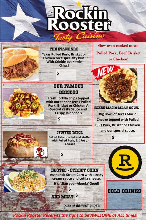 Gallery – Rockin Rooster Food Truck Bbq Food Truck Ideas, Big Baked Potatoes, Texas Pulled Pork, Food Truck Ideas, Bbq Food Truck, Fresh Tortillas, Zesty Sauce, Kettle Chips, Summer Menu