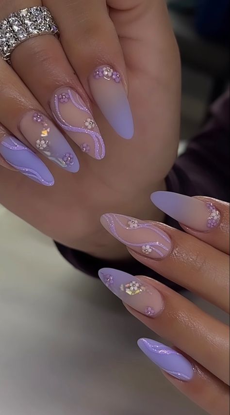 2023 Spring Nails, Acrylic Nails Stiletto, Yellow Nails Design, Purple Nail Art, Purple Acrylic Nails, Broken Nails, Stylish Nails Designs, Nail Type, Almond Nails Designs