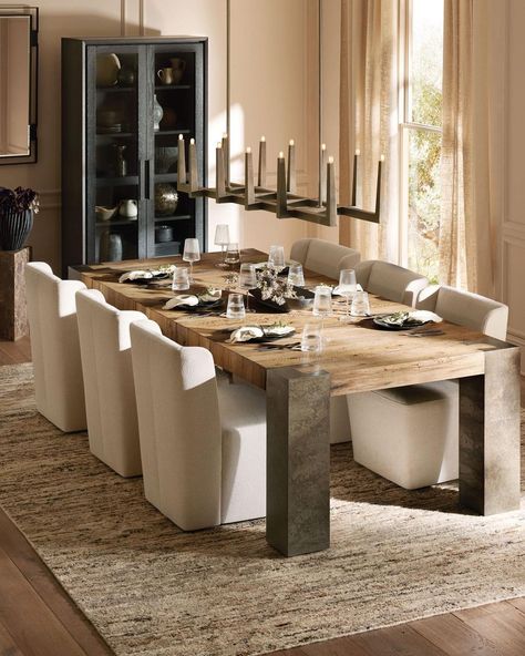 Arhaus Living Room Inspiration, Arhaus Living Room, Restoration Hardware Style, Mountain Interiors, Chic Dining Room, Faux Leather Dining Chairs, Rustic Dining Room, Oval Table Dining, Formal Dinner