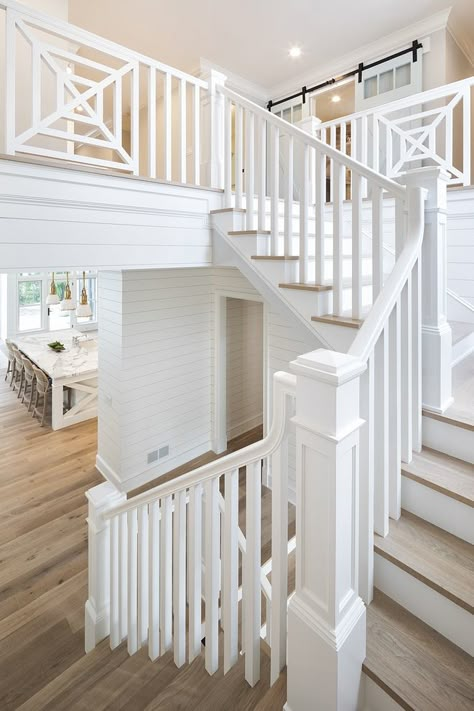 Benjamin Moore Super White All white staircase railing, spindles and balusters Benjamin Moore Super White All trim and shiplap are enameled in Benjamin Moore Super White Benjamin Moore Super White All white staircase railing, spindles and balusters Benjamin Moore Super White All white staircase railing, spindles and balusters #BenjaminMooreSuper White #Allwhitestaircase #whitestaircase #railing #spindles #balusters #staircase Lake House Interior Design, Shiplap Paneling, Interior Stair Railing, Interior Railings, White Staircase, White Stairs, Lake House Interior, House Staircase, Stairway Design