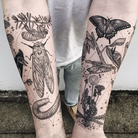 A Collision of Flora, Fauna, and the Cosmic in Tattoos by Pony Reinhardt | Colossal Pony Reinhardt, Le Tattoo, Bug Tattoo, Insect Tattoo, Tattoo Trend, Irezumi Tattoos, Plant Tattoo, Aesthetic Tattoo, Tattoo Life