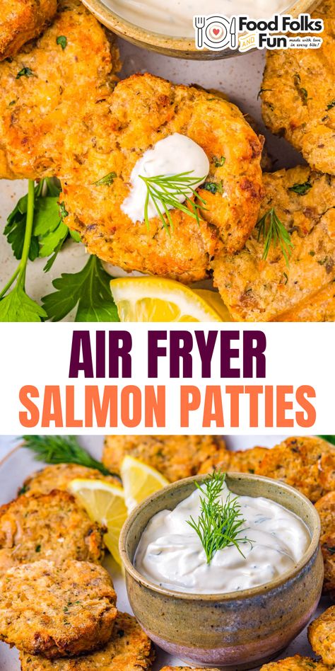 Air Fryer Salmon Patties, Air Fryer Recipes Snacks, Air Fryer Salmon, Creamy Dill Sauce, Canned Salmon, Air Fryer Fish, Salmon Patties Recipe, Delicious Seafood Recipes, Airfryer Recipes