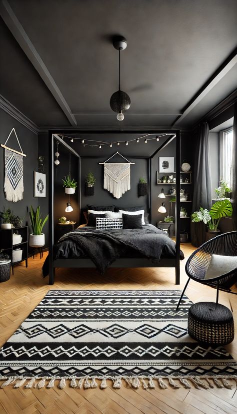 21 Stunning Black Bedroom Decor Ideas That Will Make You Want to Redecorate ASAP 🖤✨ Boho Black Bedroom, Gothic Bohemian Decor, Black Boho Bedroom, Black Bedroom Decor Ideas, Black Wooden Bed, Black Upholstered Bed, Modern Black Bedroom, Black Canopy Bed, Black Iron Beds