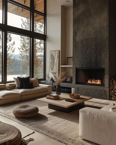 Modern Warm Home Aesthetic, Cozy Fireplace Room, Cozy Modern House, Modern Cozy Home, Organization Living Room, Cozy Living Room Decor Ideas, Wall Decor Living Room Ideas, Mountain Home Interiors, Farmhouse Makeover