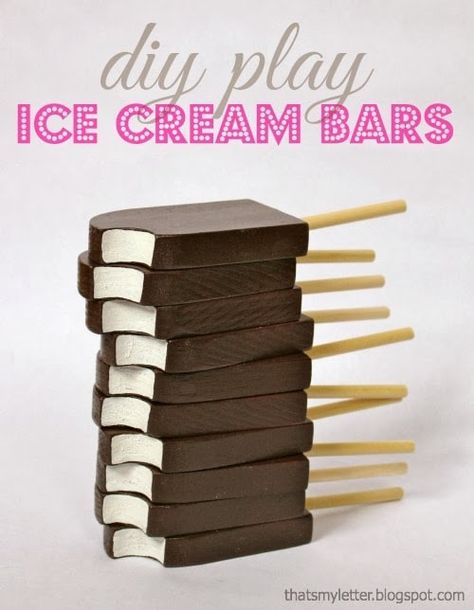 Build: play ice cream bars Make your own wooden ice cream bars for kids play or party favors. I made these ice cream bars as favors for the chocolate birthday party we had last weekend: An inexpensive and easy project to make that’s fun for kids and serves as party decor. A 1×3 pine board... Read more Chocolate Birthday Party, I Is For Ice Cream, I Is For Ice, Play Food Diy, Play Ice Cream, Wooden Ice Cream, Diy Christmas Candy, Fake Food Props, Wooden Play Food