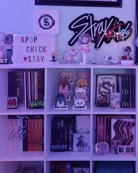 Albums and lightsticks Straykids Album Collection, Baddie Room Ideas, Kpop Shelf, Baddie Room, Kids Rooms Inspo, Kpop Room, Kids Shelves, Pop Display, Girly Room