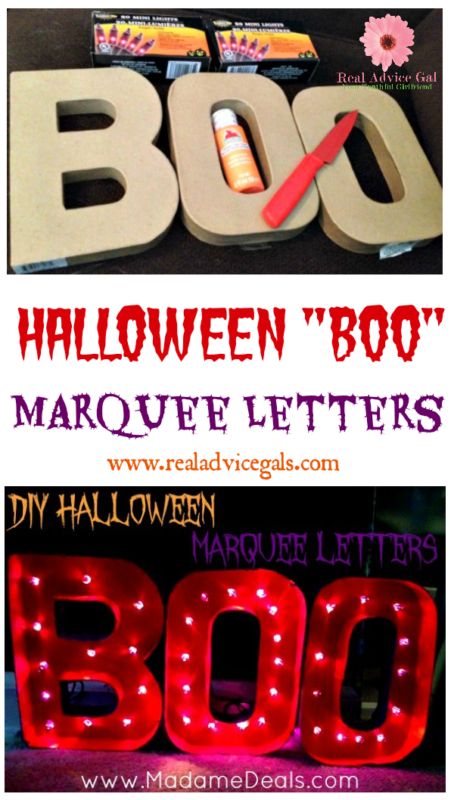 DIY Halloween "Boo" Marquee Letters Boo Letters Halloween, Marque Letters, Halloween Makeup For Kids, Real Advice, Halloween Led Lights, Halloween Group, Halloween Decorations For Kids, Fall Decor Diy Crafts, Thrifty Thursday