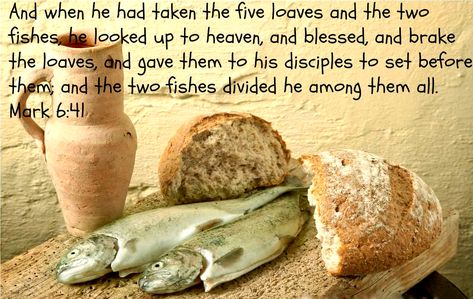 And when he had taken the five loaves and the two fish he looked up to heaven, and blessed, and brake the loaves, and gave them to his disciples to set before them; and the two fish divided he among them all. Mark 6, Vbs 2024, Two Fish, To Heaven, Patron Saints, The Two, When He, Free Printable, Verses