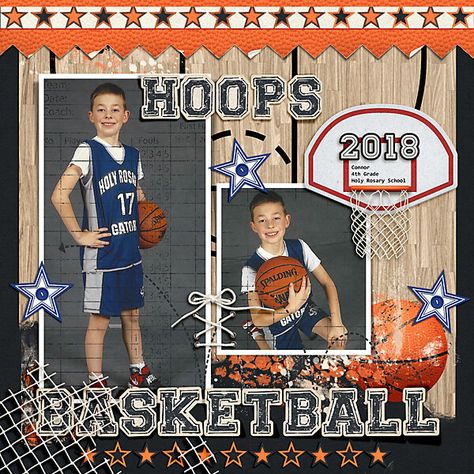 2018 Hoops Connor - Scrapbook.com Basketball Scrapbook Layouts, Basketball Layout, Basketball Scrapbook, Sports Layout, Yearbook Design Layout, Senior Scrapbook Ideas, Football Scrapbook, Basketball Team Pictures, Baseball Scrapbook