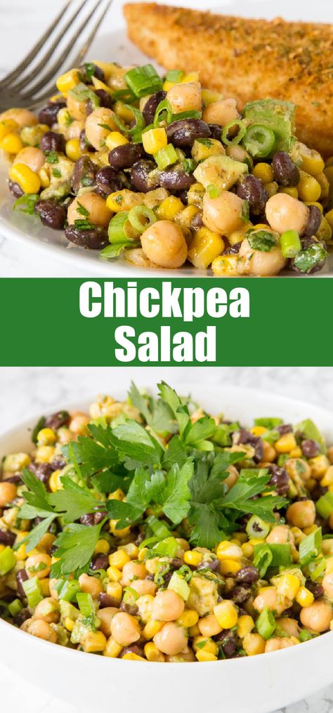 Jam-packed with flavor and protein, Southwestern Chickpea Salad is a healthy side dish that’s great for barbecues and potlucks. Chickpeas, black beans, sweet corn, and creamy avocado come together with a spicy citrus dressing for a phenomenal salad. Charred Corn And Chickpea Salad, Corn Garbanzo Bean Salad, Chickpeas Black Beans Corn, Citrus Chickpea Salad, Black Bean And Chickpea Salad, Healthy Chickpea Side Dishes, Beans And Corn Salad, Corn And Black Bean Side Dishes, Chickpea Black Bean Recipes