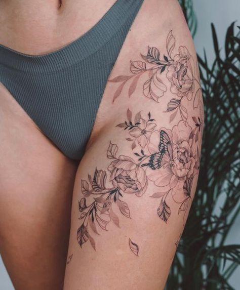 Peony Thigh Tattoo, Theigh Tattoos, Front Thigh Tattoos, Thigh Tattoos For Women, Butterfly Thigh Tattoo, Thigh Piece Tattoos, Upper Thigh Tattoos, Floral Thigh Tattoos, Flower Thigh Tattoos