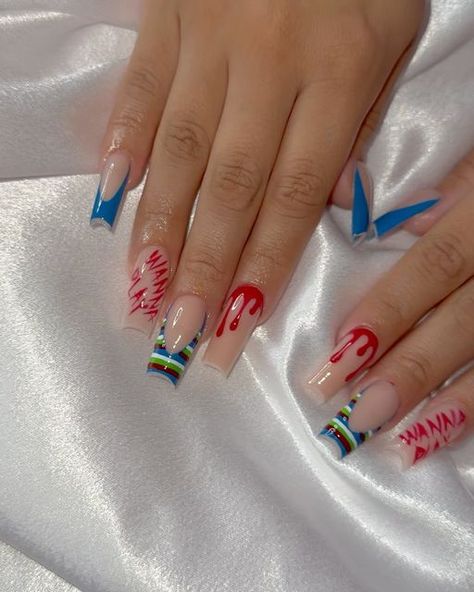 Chucky Nails Simple, Tiffany Valentine Nails, Tiffany Nails Chucky, Chuckie Halloween Nails, Chucky Nails Short, Tiffany Nails Design Chucky, Chuckie Nails, Chucky Themed Nails, Chucky Halloween Nails