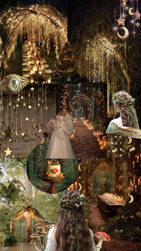 Forest wedding 🍄🌿 Forest Vibe Wedding, Woods Wedding Aesthetic, Midsommar Nights Dream Wedding, Wedding Ideas Enchanted Forest, Dark Forest Theme Wedding, Whimsical Forest Wedding Theme, Wedding Forest Theme Enchanted Garden, Fairy Forest Wedding Decor, Forest Wedding Vibes