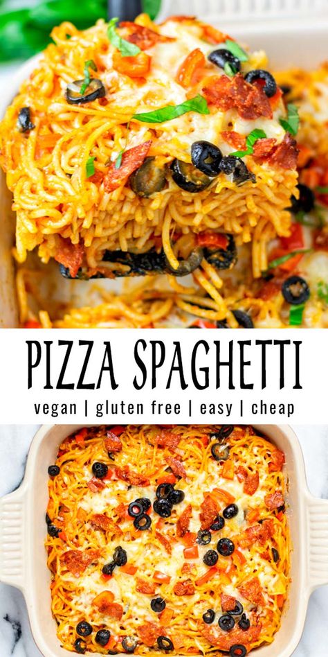 These Pizza Spaghetti are filling, easy, delicious and budget friendly. You can never go wrong with my step by step instruction pictures, and it is made with easy pantry staples like cooked spaghettis, tomato sauce aromatic spices like Italian herbs, garlic and baked to perfection in no time. No one could ever tell it is vegan. #vegan #dairyfree #vegetarian #contentednesscooking #dinner #lunch #mealprep #pizzaspaghetti Vegan Casserole Recipes, Pizza Spaghetti, Italian Herbs, Vegan Pasta Recipes, Spaghetti Recipe, Vegan Main Dishes, Pantry Staples, Easy Healthy Dinners, Vegan Dinner Recipes